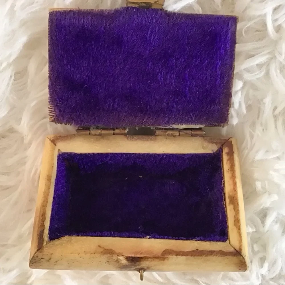 Handcrafted Trinket Box Camel Bone Brass Hinges Velvet Lined Carved Wood Top - Picture 7 of 7